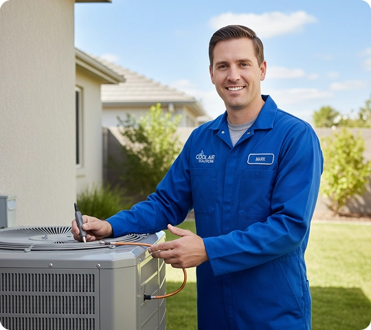 HVAC technician servicing an outdoor AC unit