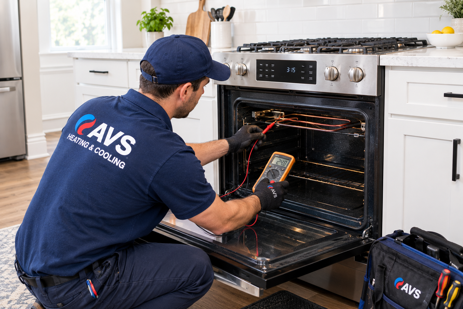 Oven Not Working? 7 Common Causes and How to Fix Them 5 Oven Not Working — AVS technician testing an oven heating element with a multimeter.