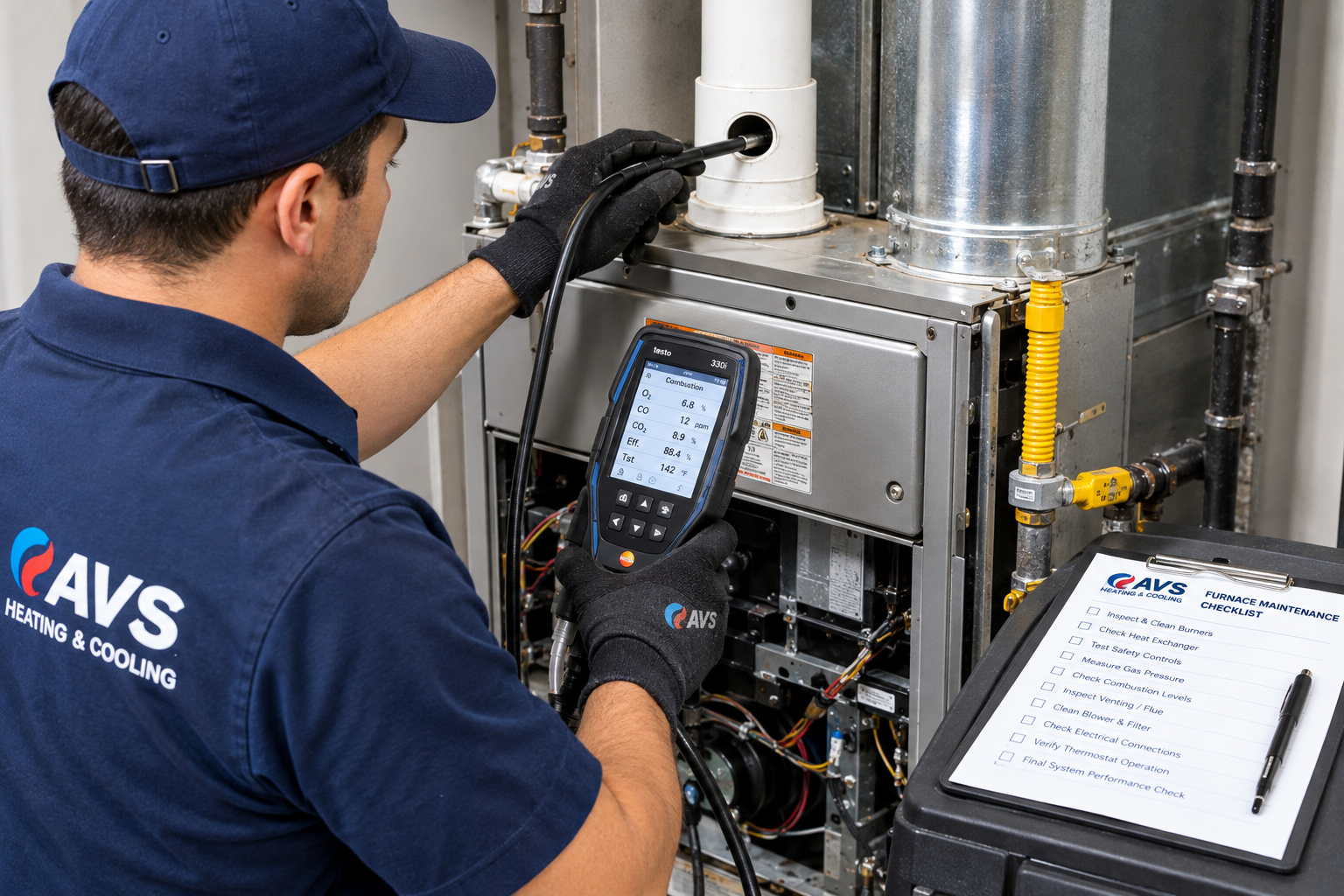 Furnace Maintenance Checklist: What to Do Every Fall 1 Furnace Maintenance by an AVS technician using a combustion analyzer to inspect a gas furnace.