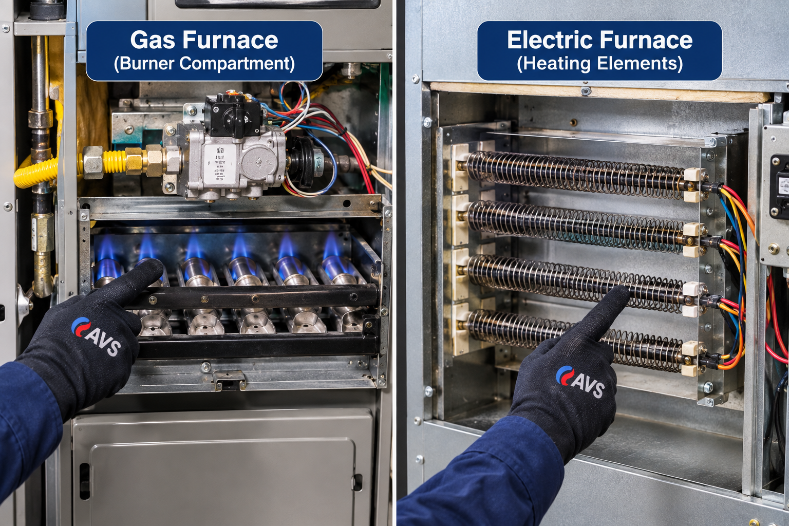 Gas vs Electric Furnace Repairs: What You Need to Know 1 Gas vs Electric Furnace Repairs Comparison of a gas furnace burner compartment and an electric furnace heating element assembly, with an AVS technician pointing to key heating components.