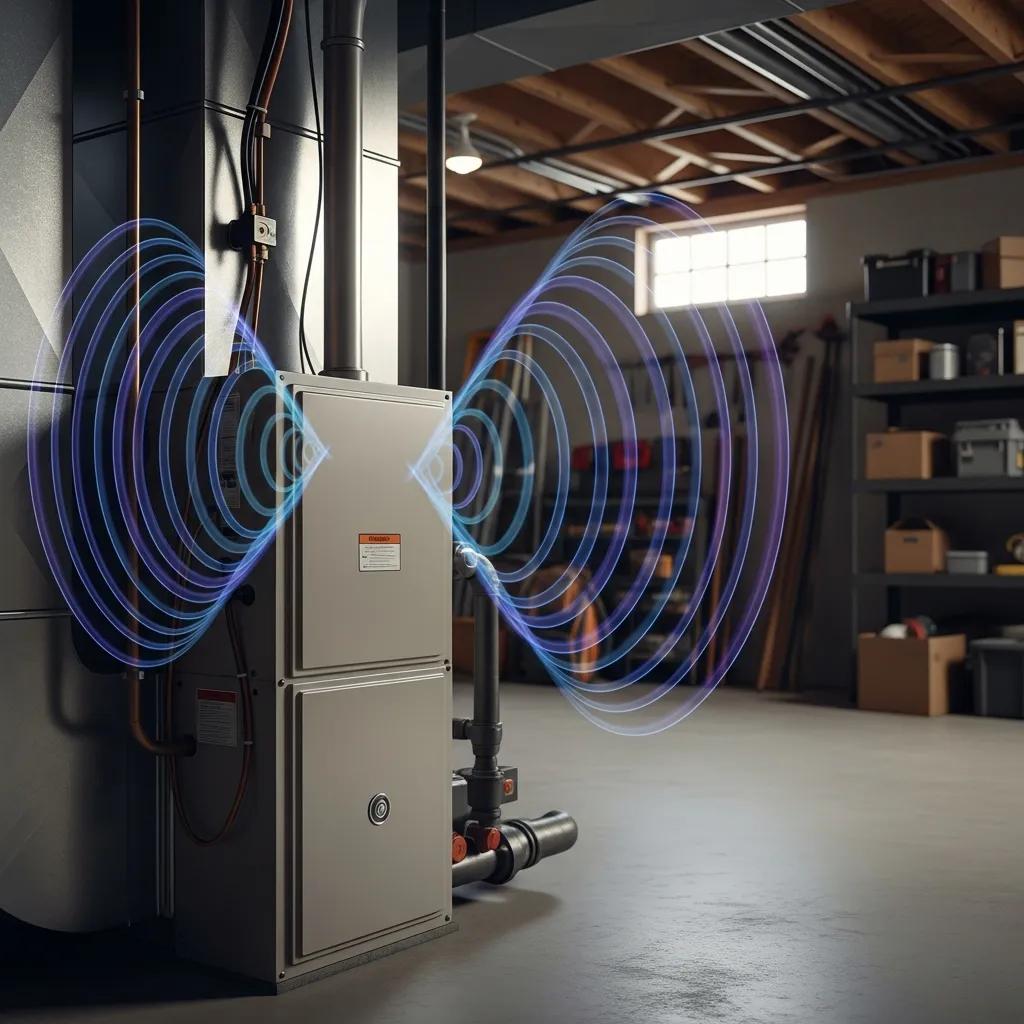 Close-up of HVAC unit with sound waves indicating unusual noises for diagnosis