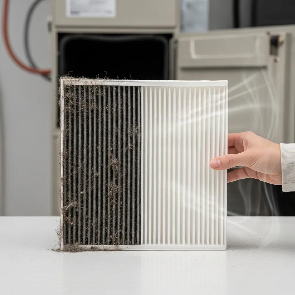 Comparison of clogged and clean air filters demonstrating HVAC maintenance importance