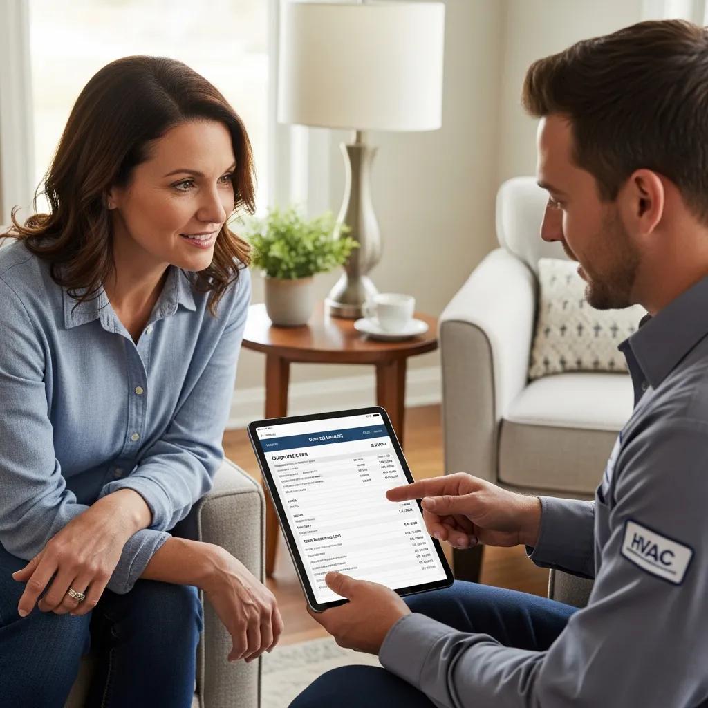 Uncovering Hidden Fees: What to Expect When Hiring an HVAC Contractor in Fairfax 2 Homeowner discussing HVAC service fees with technician, emphasizing transparency