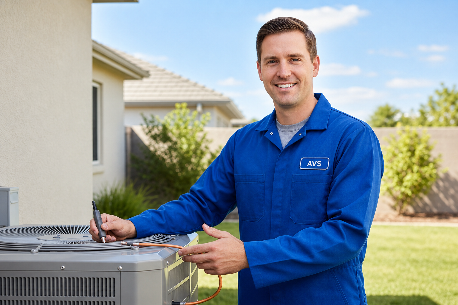 HVAC technician servicing an outdoor AC unit
