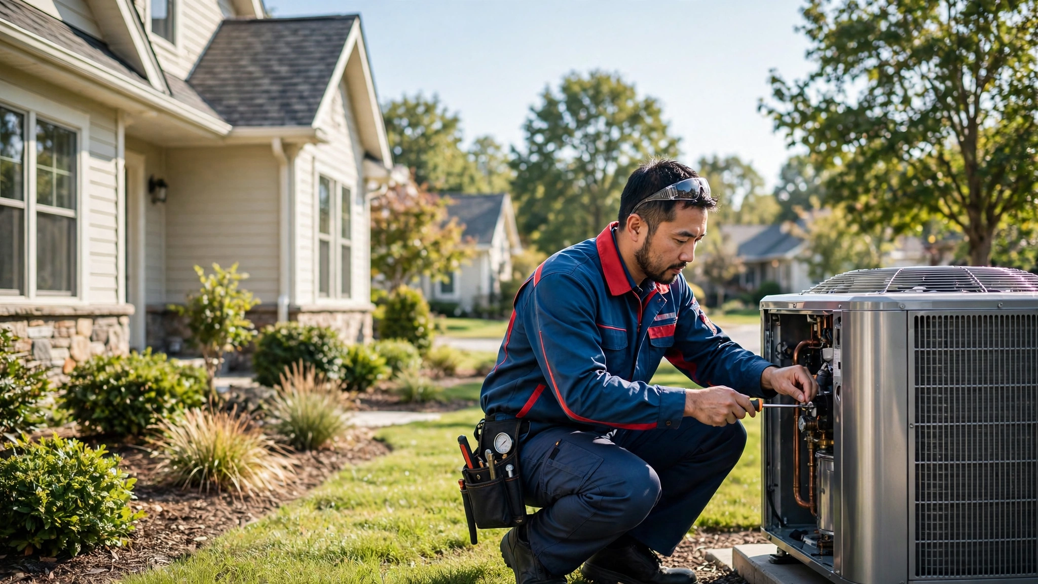 AVS Heating and Air Conditioning technician servicing an outdoor air conditioning unit at a home in Northern Virginia